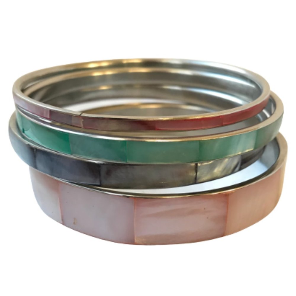Vintage Shell Inlay Silver Boho Bangle Bracelets